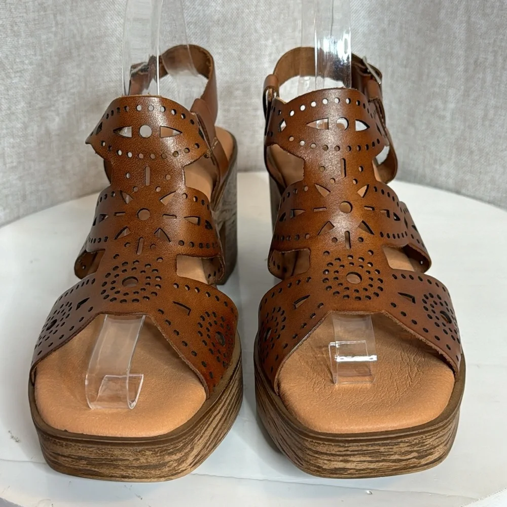 ERIC MICHAEL WHITNEY  COGNAC LEATHER LASER CUT PLATFORM BOHO SANDALS NIB EU 40
